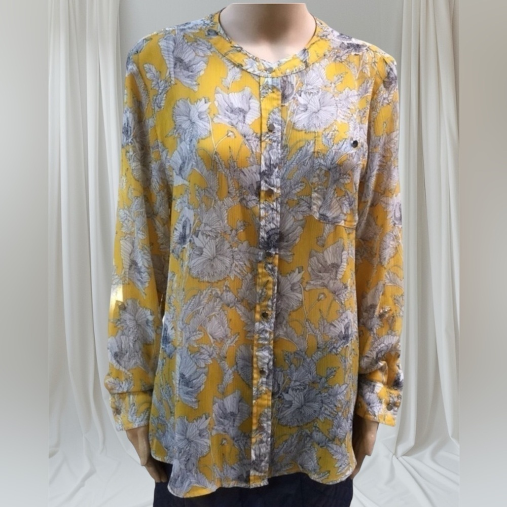 Liz Claiborne Yellow Floral Button Up Blouse Sheer Chiffon L/S Roll Tab
